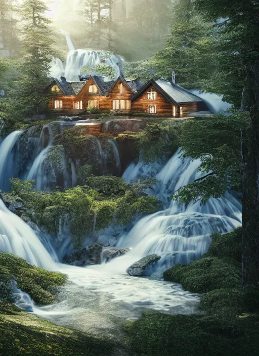 Image similar to beautiful large scandinavian house in the forest on a hill, a large waterfall flows down from the mountain in the background, octane render, fabulous, hyper detailed, random cinematic view, no noise, global illumination, warm lighting, volumetric, godrays, vivid, by jordan grimmer