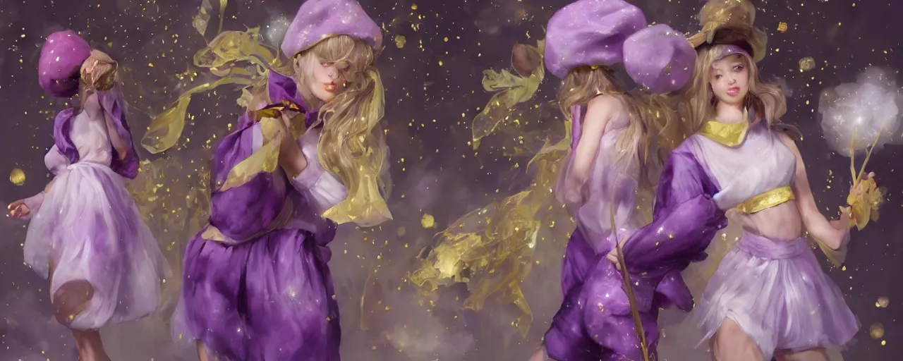 Image similar to Full View of mysterious fairy maidens with short blond hair wearing an oversized purple Beret, Baggy Purple overall shorts, Short Puffy pants made of silk, silk shoes, a big billowy scarf, Golden Ribbons, white leggings Covered in stars. Short Hair. peasant magic. masterpiece 4k digital illustration by Ruan Jia and Mandy Jurgens and Artgerm and greg rutkowski , award winning, Artstation, art nouveau aesthetic, Alphonse Mucha background, intricate details, realistic, panoramic view, Hyperdetailed, 8k resolution, intricate art nouveau, smooth, sharp focus. Rhythmic gymnastics poses