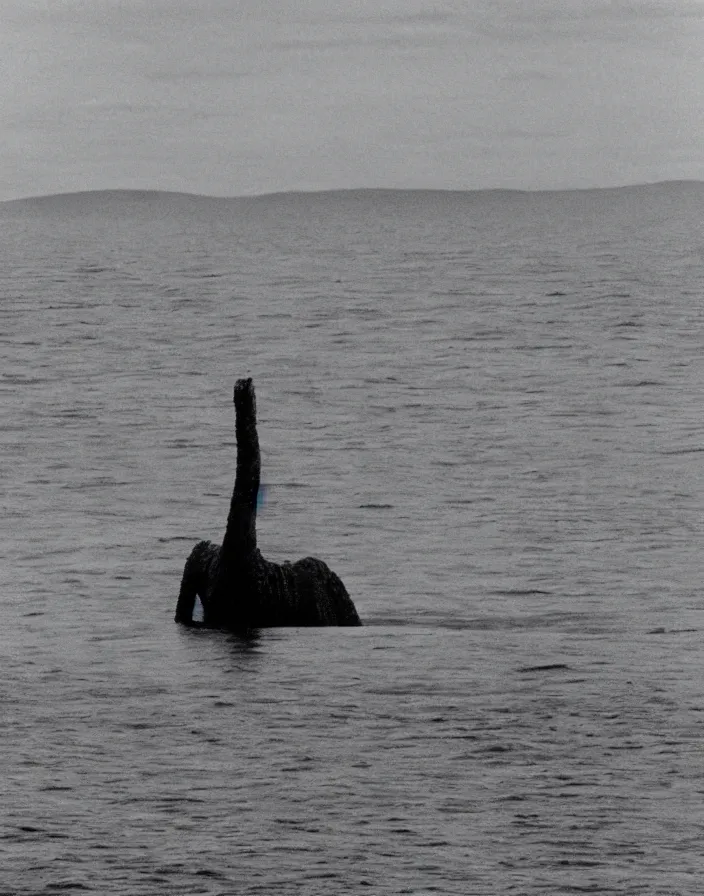 Prompt: an alleged photo of loch ness monster taken from very far away and zoomed in blurry hard to tell colorized