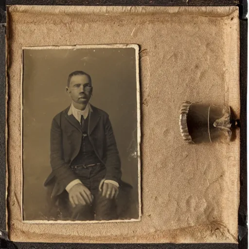 Image similar to Tintype photograph of found objects displayed in an ethnographic museum, archive material, anthropology, 1920s studio lighting.