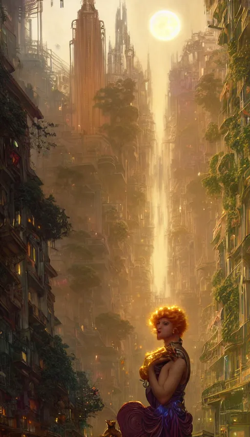 Image similar to golden goddess looking at a hyper realistic cyberpunk city, crowded market street overtaken by lush plants, kittens, full moon, light rays, gnarly trees by tom bagshaw, mucha, gaston bussiere, craig mullins, j. c. leyendecker 8 k