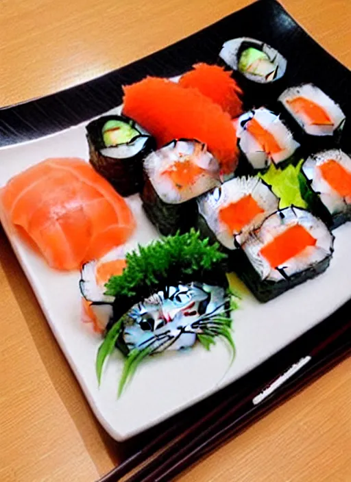 Image similar to clear photorealistic picture of adorable cats made out of sushi