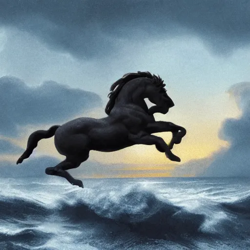 Prompt: a matte painting of a marble, cracking Poseidon riding up from a stormy sea at sunset