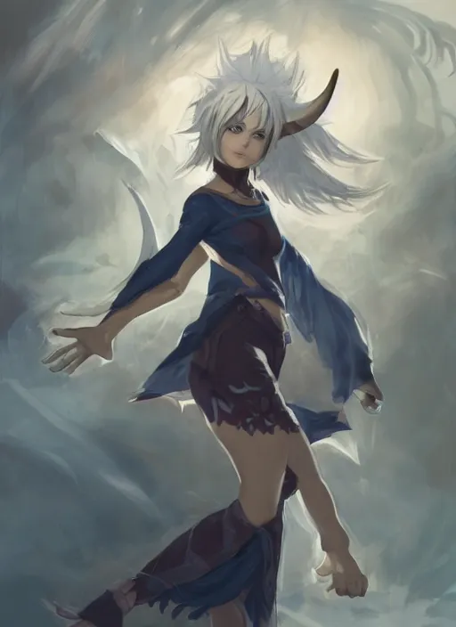 Prompt: concept art painting of a woman with brown skin and short white hair, demon horns, elf ears, full clothing, blue clothes, robes, detailed, cel shaded, in the style of ruan jia and artgerm and makoto shinkai and james gurney