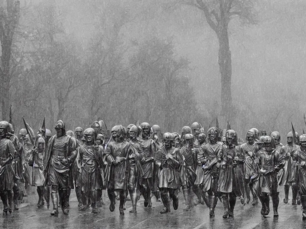 Image similar to column of roman soldiers in rain marching in Washington city