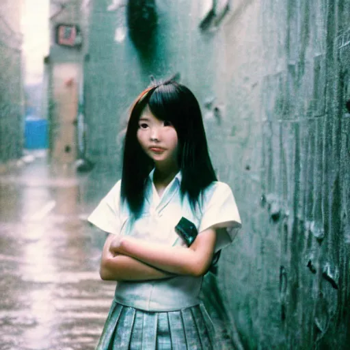 Image similar to 1990s perfect 8K HD professional cinematic photo of close-up japanese schoolgirl posing in sci-fi dystopian alleyway at morning during rain, at instagram, Behance, Adobe Lightroom, with instagram filters, depth of field, taken with polaroid kodak portra