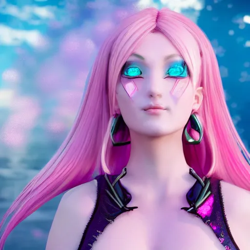 Image similar to stunningly beautiful omnipotent megalomaniacal anime goddess with porcelain skin, pink hair and mesmerizing cyan eyes, symmetrical perfect face smiling in a mischievous, devious and haughty way while looking down upon the viewer, mid view, hyperdetailed, unreal engine 5, 8 k