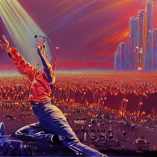 Image similar to a detailed painting of wizkid performing on stage to millions of aliens. by bruce pennington.