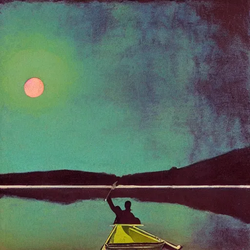 Image similar to silhouette of a man standing in a rowboat, lake, whisps of fog, moonlit night, by peter doig