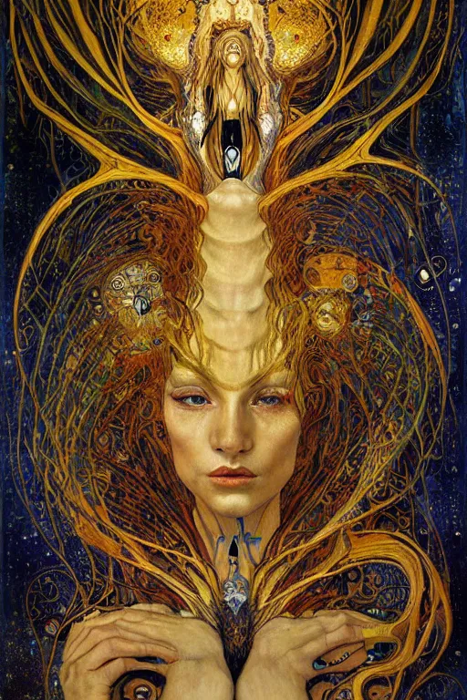 Image similar to Metamorphosis by Karol Bak, Jean Deville, Gustav Klimt, and Vincent Van Gogh, transformation portrait, chimera, visionary, cicada wings, otherworldly, fractal structures, ornate gilded medieval icon, third eye, dynamic, hybrid, fusion, change, spirals