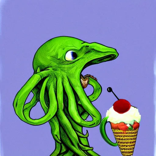 Prompt: cthulhu eating an ice - cream