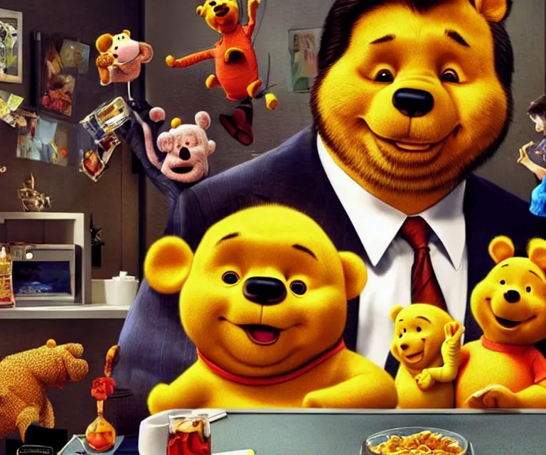 Image similar to hyperrealism the hangover movie still photography of real detailed high xi jinping with detailed face with high winnie the pooh marijuana dmt lsd ecstacy cocaine hyperrealism photography by araki nobuyoshi, wlop, pixar