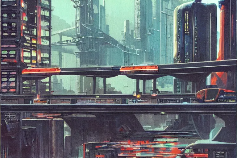 Image similar to 1 9 7 9 omni magazine cover of train bridge going through buildings in cyberpunk style by vincent di fate