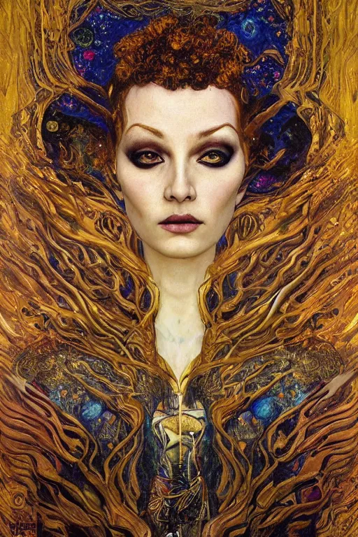 Image similar to Intermittent Chance of Chaos Muse by Karol Bak, Jean Deville, Gustav Klimt, and Vincent Van Gogh, beautiful inspiring portrait, enigma, Loki's Pet Project, destiny, Poe's Angel, fate, Surreality, inspiration, muse, otherworldly, fractal structures, arcane, ornate gilded medieval icon, third eye, spirals