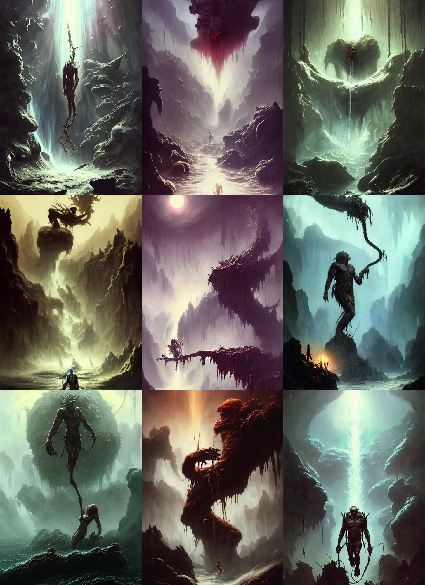 Prompt: giant monster shackled in styx river of the underworld, frank frank frazetta and cgsociety, stunning sasquatch, blood splatters, charlie bowater and tom bagshaw, insanely detailed, deviantart, space art, atoms surrounded by skulls, death, and spirits flying, water fall, horror, sci - fi, surrealist painting, by peter mohrbacher