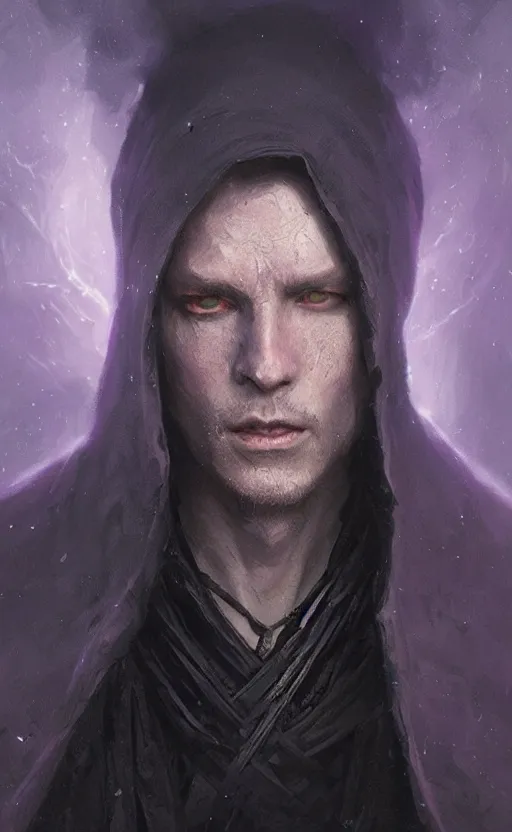 Prompt: Portrait of a man in a black cloak with glowing purple eyes, detailed face, fantasy, highly detailed, cinematic lighting, digital art painting by greg rutkowski