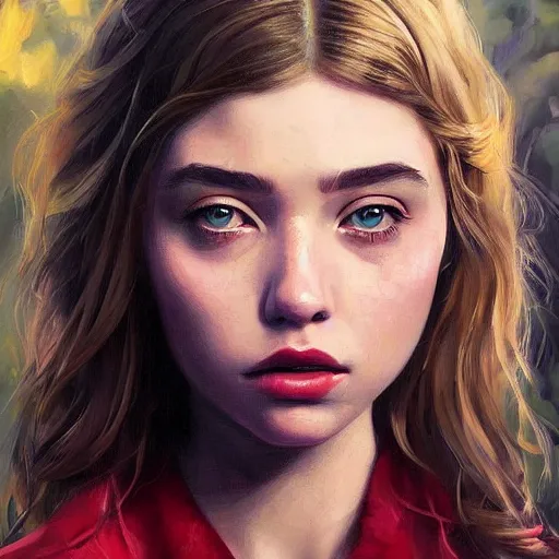 Image similar to a beautiful scenic painting of a beautiful young girl that looks like imogen poots by artgerm and wlop and wes anderson and spike jonze