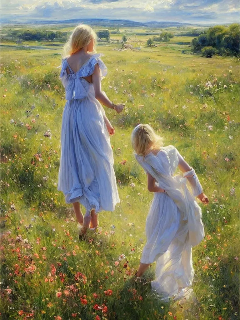 Image similar to blonde woman, dress, swedish countryside, archipelago, morning, masterpiece, highly detailed, beautiful, atmospheric, impressionism, painting by Vladimir Volegov