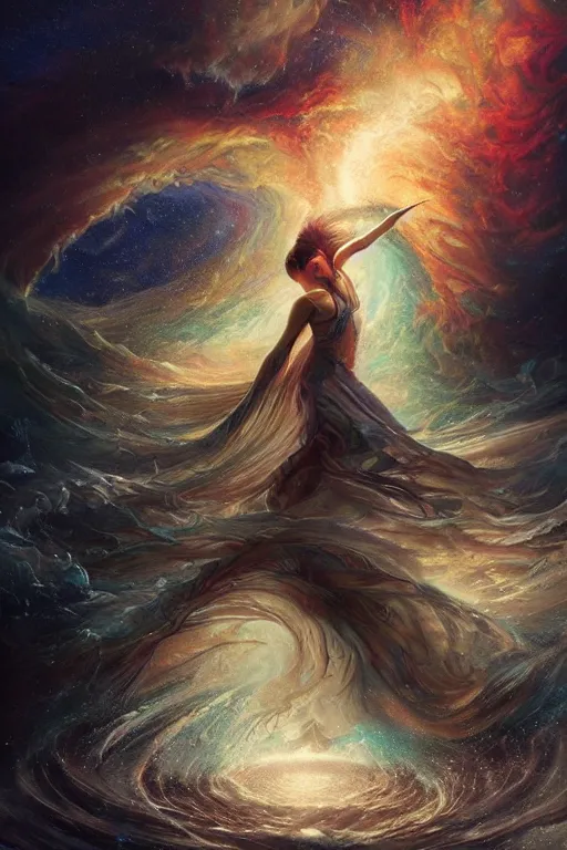 Image similar to a fractal dancer in a tornado emerges from a stormy sea by artgem and greg rutkowski and karol bak, vivid colors, trippy, nebula, trending on artstation