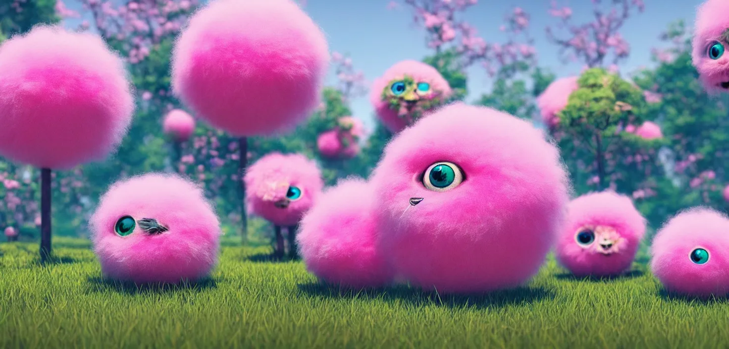 Prompt: colourful fluffy pink fluffy ball family with huge beauty two eyes appearing from the grass in flowers, in the style of craola, shallow depth of field, highly detailed, digital painting, trending artstation, concept art, illustration, cinematic lighting, vibrant colors, photorealism, epic, octane render