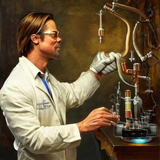 Prompt: brad pitt as a scientist, oil painting by justin gerard