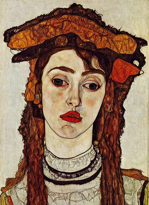 Prompt: portrait of young woman in renaissance dress and renaissance headdress, art by egon schiele