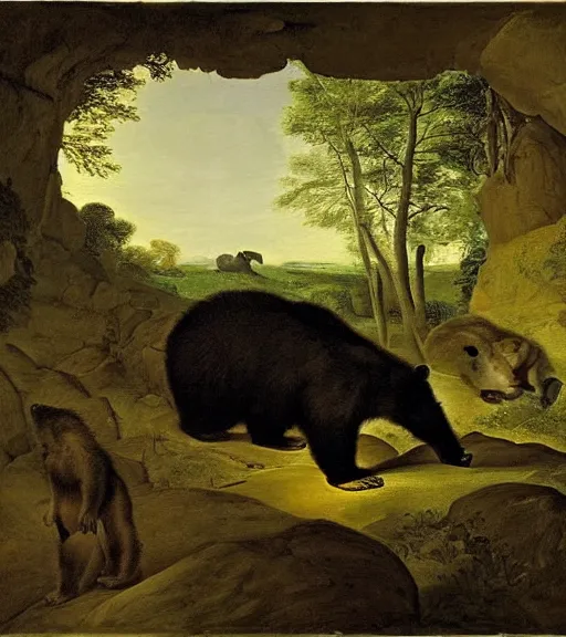 Image similar to viewer looking into dark cave and seeing a mother bear and her cubs sleeping, night time, artwork by Pieter Claesz, impressionism