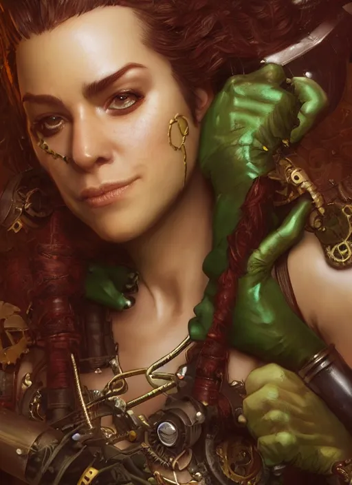 Image similar to steampunk pirate portrait of shehulk, hyper detailed, digital art, cinematic lighting, studio quality, smooth render, unreal engine 5, octane rendered, art style by klimt and nixeu and ian sprigger and wlop and krenz cushart.