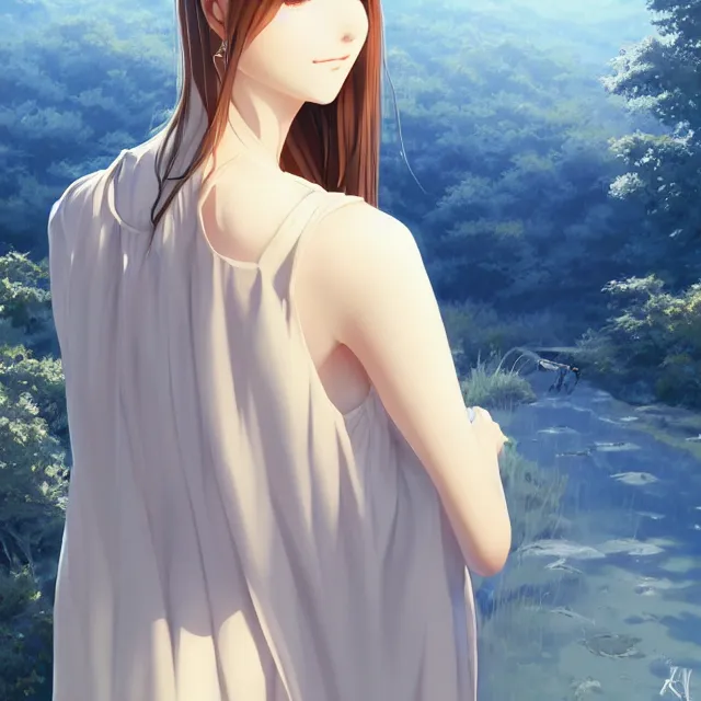 Image similar to infinitely detailed full - body portrait pale female peaceful dream angel wearing elegant clothes. beautiful! scenery art! by wlop & murata range, by ilya kuvshinov. artstation!! / pixiv!!