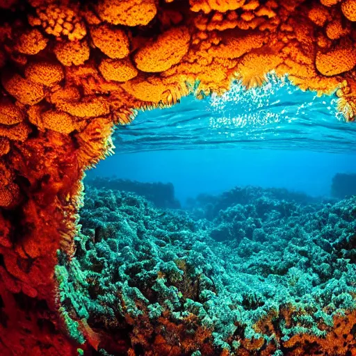 Prompt: treasure hidden under the coral in the ocean, beautiful composition, wide angle, colorful, cinematic, volumetric lighting, intricate details