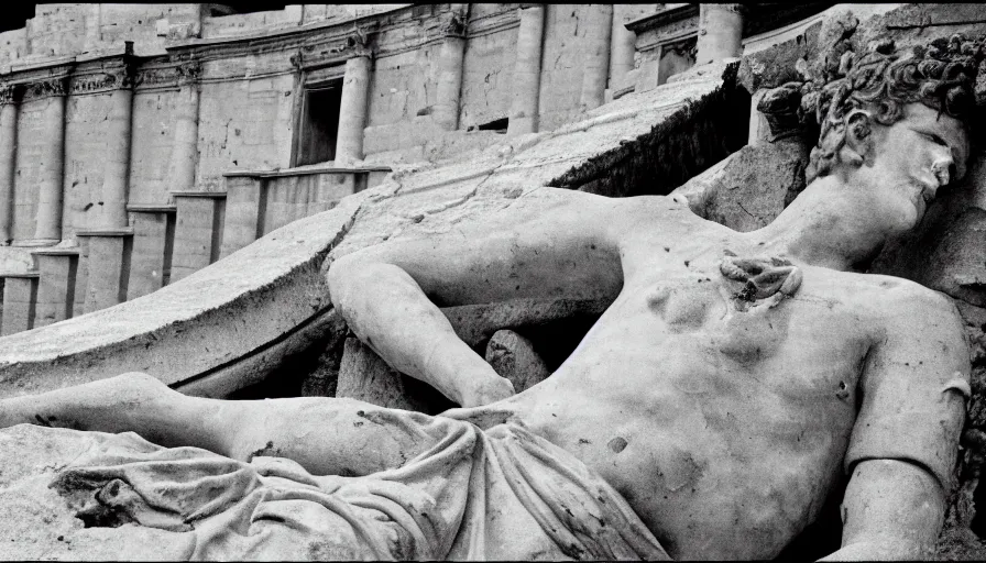 Image similar to 1 9 6 0 s movie still close - up of caligula laying dead on the ancient amphitheater's stairs wounded on the torso, cinestill 8 0 0 t 3 5 mm, high quality, heavy grain, high detail, dramatic light, anamorphic