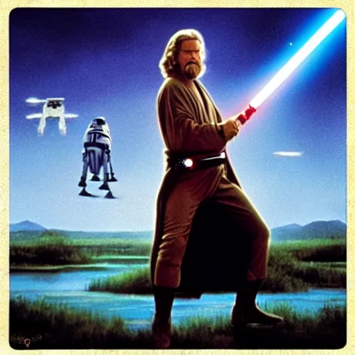 Prompt: “a Star Wars A New Hope movie shot, Jeff Bridges from The Big Lebowski as a Jedi levitating a bowling ball above a swamp on Dagobah” —W 1080