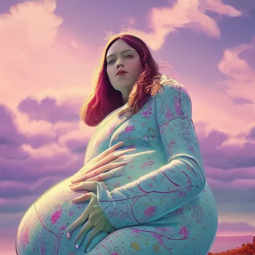 Image similar to pretty pregnant model with clouds : : by martine johanna and simon stalenhag and chie yoshii and casey weldon and wlop : : ornate, dynamic, particulate, rich colors, intricate, elegant, highly detailed, vogue, harper's bazaar art, fashion magazine, smooth, sharp focus, 8 k, octane render