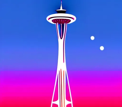 Image similar to a beautiful and immaculate balanced vaporwave ombre scene depicting outrun style seattle and the space needle