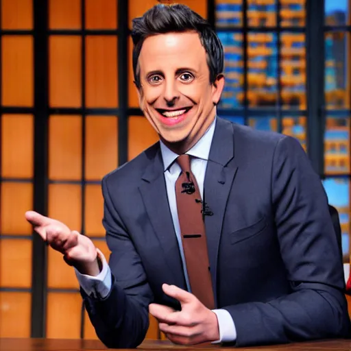 Image similar to last week tonight with seth meyers but he is wearing a funny mask