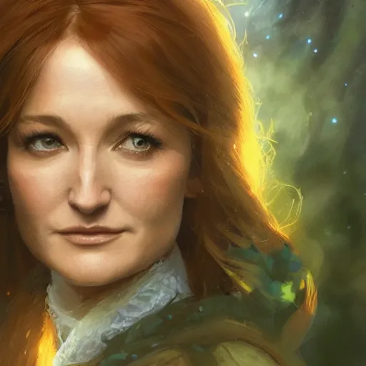 Image similar to closeup portrait of a young jane seymour as a wizard casting magic, forest background, megacity, high fantasy, dramatic light, gorgeous view, depth, high detail, digital art, painted by greg rutkowski, trending on artstation