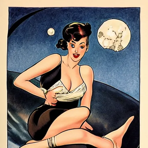 Image similar to a pin up sitting on a stylized crescent moon, by milo manara