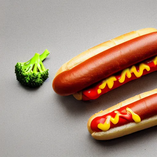 Image similar to promotional photo of a delicious hot dog with broccoli, ketchup and mustard, detailed, uhd, 8k,