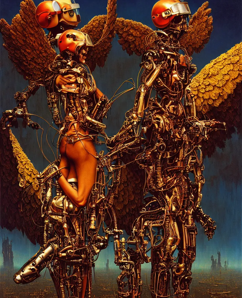Prompt: angel, wings, cybertronic gadgets and vr helmet, flesh + technology, durty colours, rotten textures, rusty shapes, biotechnology, norman rockwell, tim hildebrandt, dariusz zawadzki, bruce pennington, larry elmore, hyperrealistic oil painting on canvas, deep depth field, masterpiece, cinematic composition, hyper - detailed, hd