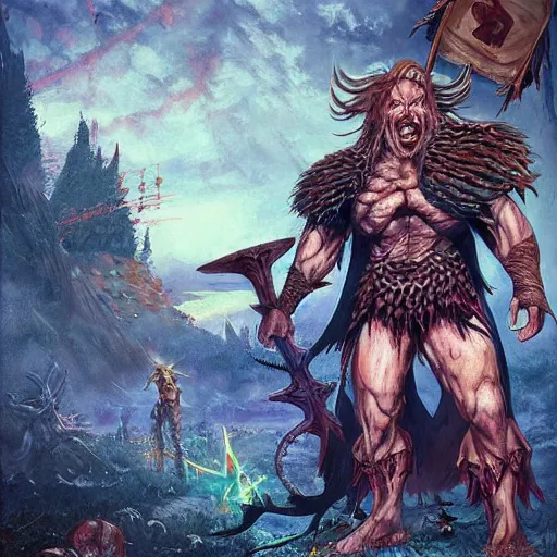 Prompt: a realistic full body portrait of Zaug, Slayer of hope, a combination of a beefy conan the barbarian and a warlock with a kind heart, in the background is a normal suburban backyard by Anato Finnstark, Jordan Grimmer, Ross Tran, and Vincent Di Fate Nausicaa