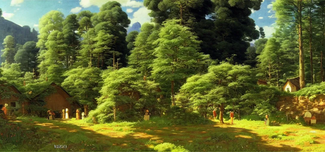 Prompt: ghibli illustrated background of strikingly beautiful swedish farm, the feales and forests in the background by vasily polenov, eugene von guerard, ivan shishkin, albert edelfelt, john singer sargent, albert bierstadt 4 k