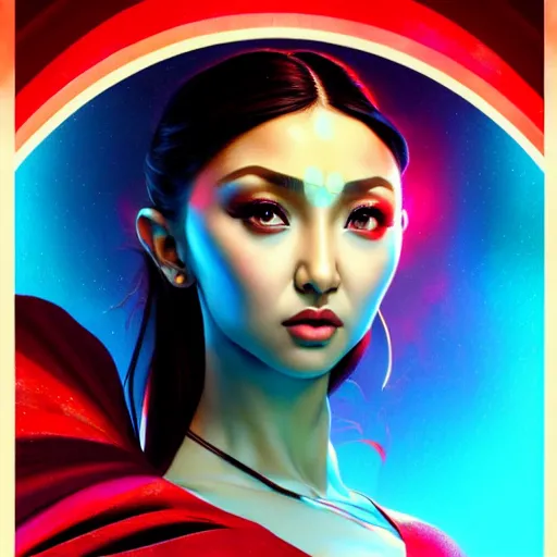 Image similar to nadine lustre as darna, volumetric lights, red and cyan theme, art nouveau botanicals, intricate, highly detailed, digital painting, artstation, concept art, smooth, sharp focus, cinematic, illustration, beautiful face, art by artgerm and greg rutkowski and alphonse mucha