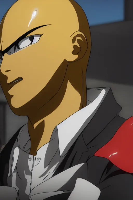 Image similar to side profile, saitama, young bald man, yellow buisness suit, red gloves, looking down, 8k, ultra detail, anime, full body shot