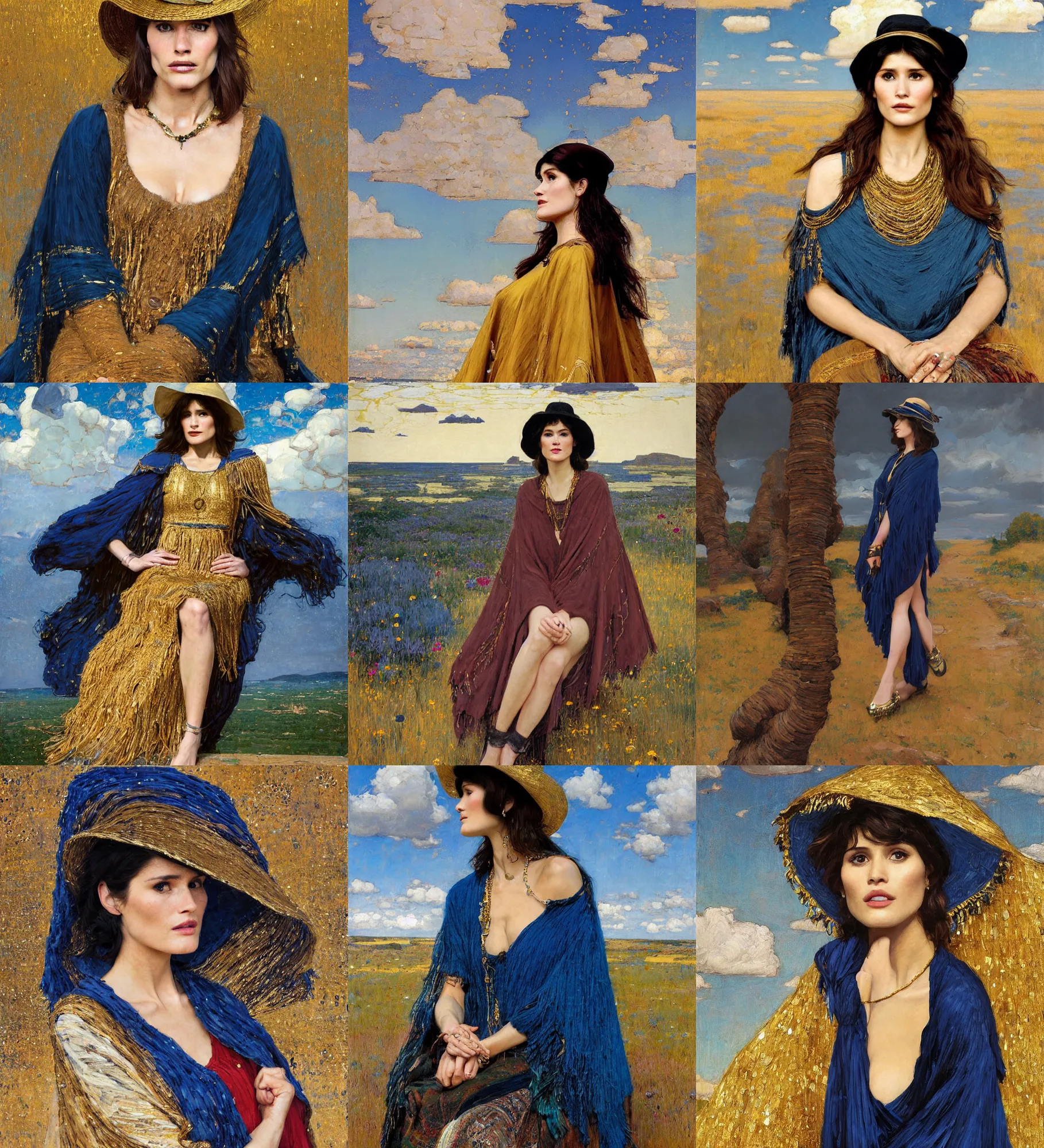 Prompt: portrait of fashionable young woman wearing rich jewerly hat and deep blue boho poncho with gold texture, Gemma Arterton in elegant decollete, sitting dynamic pose, Low poly, thunder clouds in the sky, artwork by john william waterhouse and Denis Sarazhin and klimt and rhads and Dean Ellis and Detmold Charles Maurice, levitation, industrial rusty pipes, simple form, brutal shapes