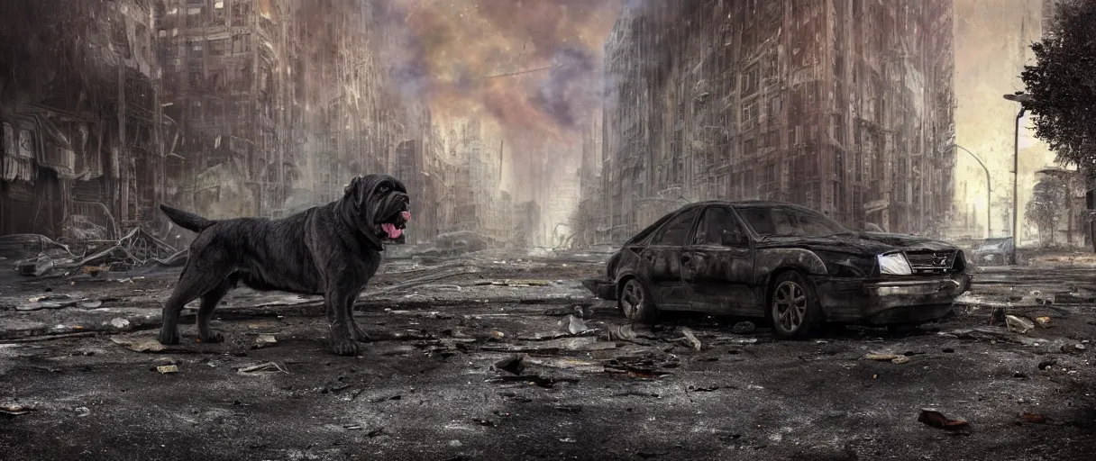 Prompt: A beautiful hyper realistic ultra detailed lifelike digital art of a close-up front view shot of a scruffy black and grey Cane Corso standing in the middle of a city street at night in an abandoned post-apocalyptic city with abandoned cars on fire and crumbling buildings, unreal engine, deviantart, flickr, artstation, octane render, textured, colorful, extreme realistic detail, physically based rendering, pbr render, very detailed, volumetric lighting, detailed lighting, octane render, 4k, cinematic lighting, 8k resolution,