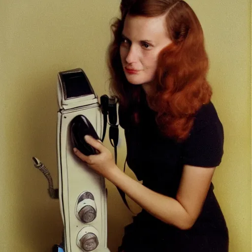 Prompt: young woman speaking on a retro telephone, by anne leibovitz