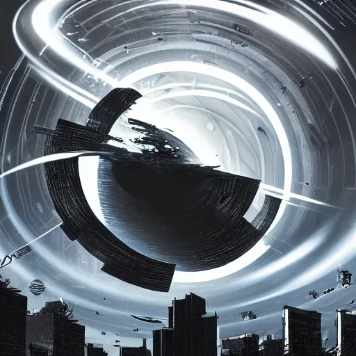 Prompt: logo black hole with accretion disk rises above the city destroying it with a shockwave, digital art, black and white, vector sticker, art by greg rutkowski, gonzalo fuenmayor, asher brown durand