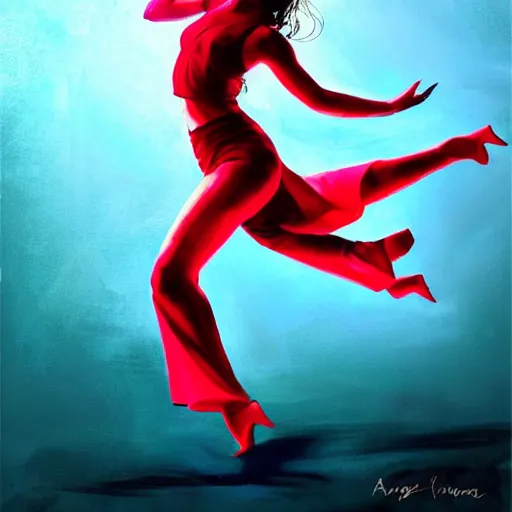 Image similar to semi realistic portrait Salsa Dancing inside the water by Stanley Artgerm Lau, AquaSixio, strong red rim light, Gesture draw, Salsa Social Dance, couple, Salsa tricks, Noir fog dark background, WLOP, Rossdraws, Gesture draw, James Jean, Andrei Riabovitchev, Marc Simonetti, and Sakimichan, trending on artstation