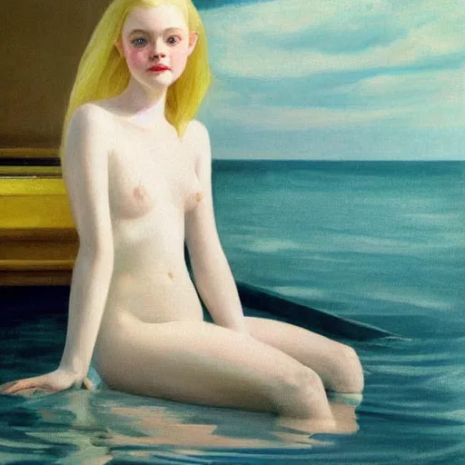 Image similar to Painting of Elle Fanning underwater, long blonde hair, delicate, pale milky white porcelain skin, by Edward Hopper. 8K. Extremely detailed.