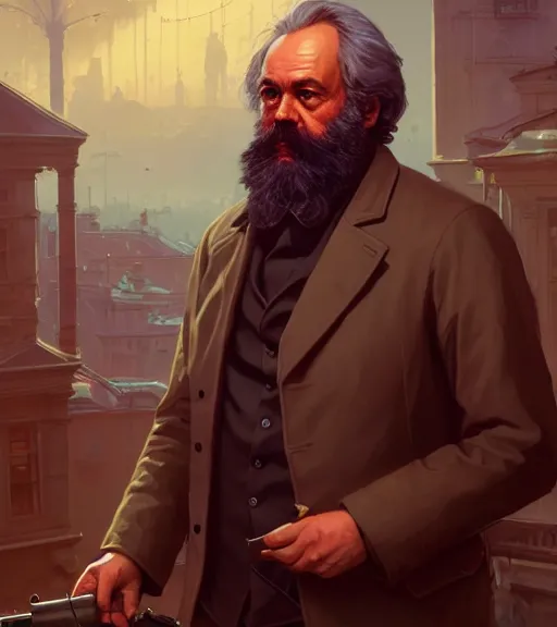 Image similar to highly detailed portrait karl marx in gta v, stephen bliss, unreal engine, fantasy art by greg rutkowski, loish, rhads, ferdinand knab, makoto shinkai and lois van baarle, ilya kuvshinov, rossdraws, tom bagshaw, global illumination, radiant light, detailed and intricate environment, guns, muscles, atlantic